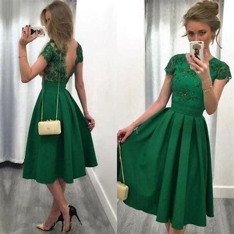 2017 Emerald Green Wedding Guest Dress A Line Jewel Neck