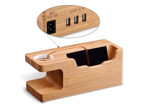 Bamboo Wood Usb Charging Stand Phone Stand With 3 Usb Port Charging
