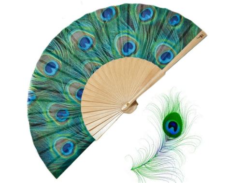 Peacocking Blue Green Peacock Feathers Print Hand Fan Unique Etsy