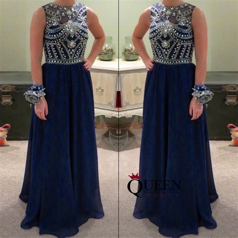 Navy Blue Chiffon Illusion High Neck Rhinestone Beaded Top Long Prom Dress · Queenparty · Online