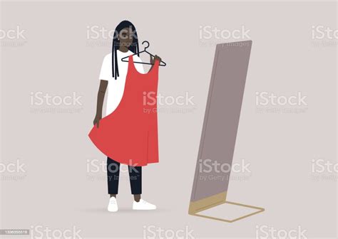 Un Jeune Personnage Noir Féminin Essayant Une Robe Dans Une Cabine