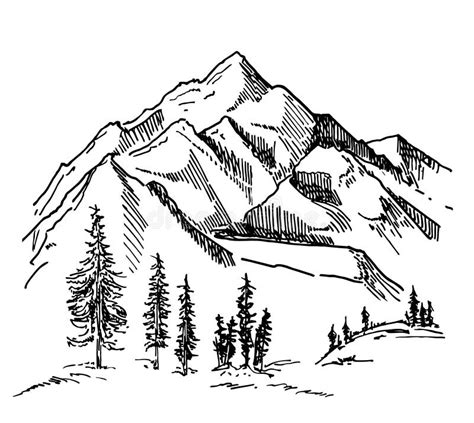 Hand Drawn Vector Landscape With Mountains Trees In The Mountains
