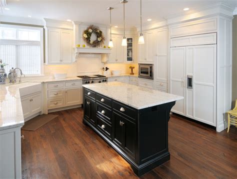 White kitchen cabinets with a dark grey island omega. White Kitchen with Black Island - Traditional - Kitchen - boston - by Vartanian Custom Cabinets