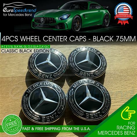 4 Mercedes Benz Classic Black Wheel Center Hub Caps Emblem 75mm Laurel