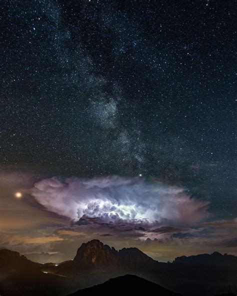 The Milky Way Rising Over A Storm Eruption In The Dolomites Italy Oc