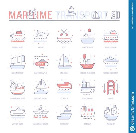 Set Blue Line Icons Of Maritime Transport Stock Illustration