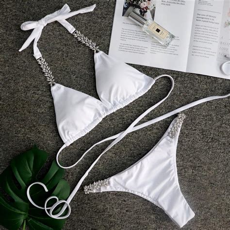 2020 New Sexy White Crystal Diamond Bikini 2020 Women Cross Bandeau Swimsuit Female Swimwear
