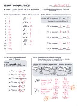 Estimating Square Root Scaffolded Worksheet with Answers by Lisa Tarman