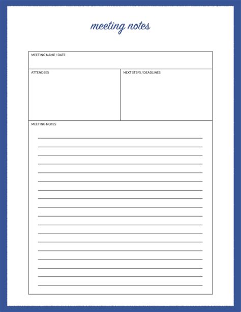 Meeting Notes Template Blue Download Printable Pdf Templateroller