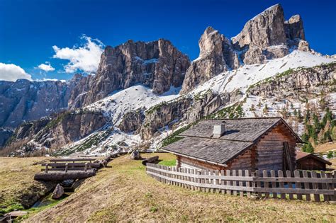 Small Mountain Hut In The Dolomites At Sunrise Italy Europe Stock