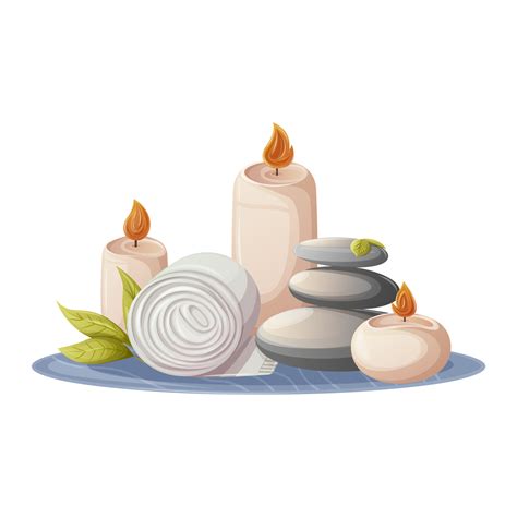 Accessories For Relaxation Burning Candles Spa Stones A Rolled Up Towel For Massage