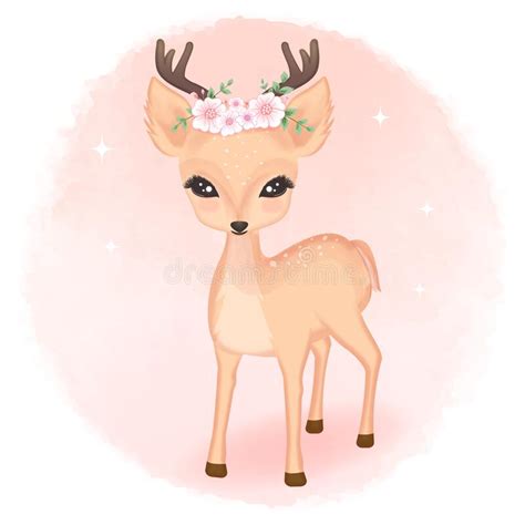 Cute Deer With Bouquet On Head Hand Drawn Cartoon Illustration Stock