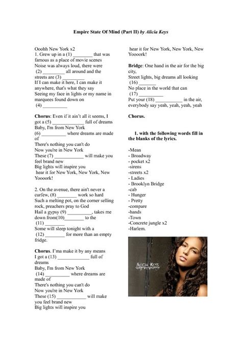 Song Worksheet New York Empire State Of Mind By Alicia Keys Empire State Of Mind Empire