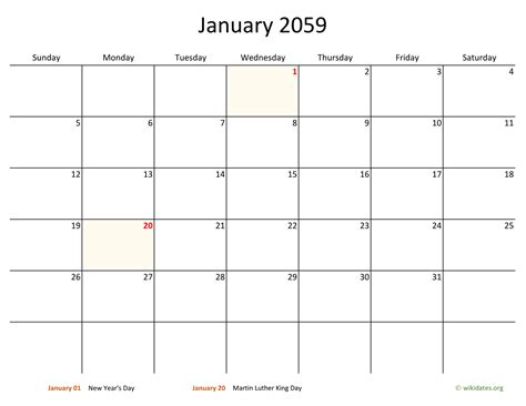 January 2059 Calendar With Bigger Boxes