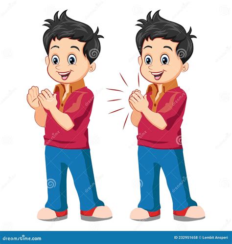Vector Illustration Of Happy Cute Little Kid Boy Standing And Clap The
