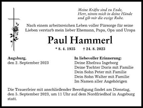 Traueranzeigen Von Paul Hammerl Augsburger Allgemeine Zeitung