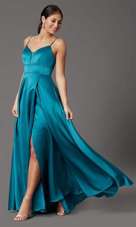Teal Blue Long Satin Faux Wrap Prom Dress Promgirl