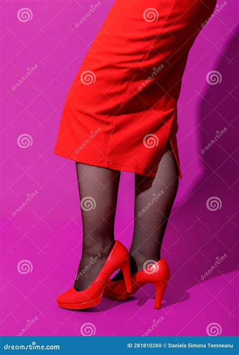 Woman Red High Heels Shoes And A Dress Elegant Woman Legs Close Up