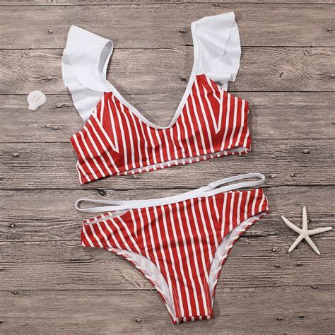 Sexy Women Swimwear Red White Striped Ruffles Bandage Bikini Set 2018