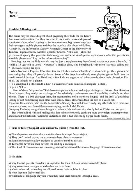 mobile phones reading comprehension worksheet reading