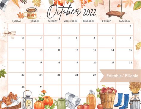 Fillable October 2022 Calendar Beautiful Fall Autumn Vibes Cozy Farm
