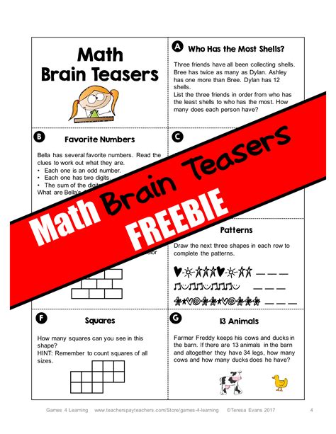 Free Math Brain Teasers Task Cards And Worksheets Math Problems Logic