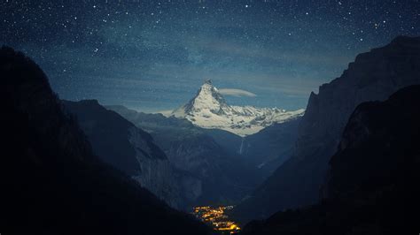 Snow Winter Lights Night Stars Landscape Mountain