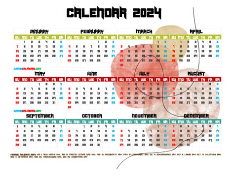 12 Printable Yearly 2024 Calendar With Holidays Watercolor Premium