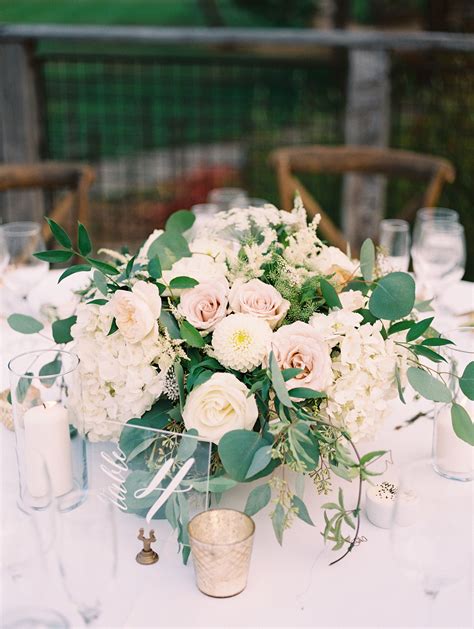 Low Centerpiece With Roses Dahlias Hydrangea Garden Roses Greenery