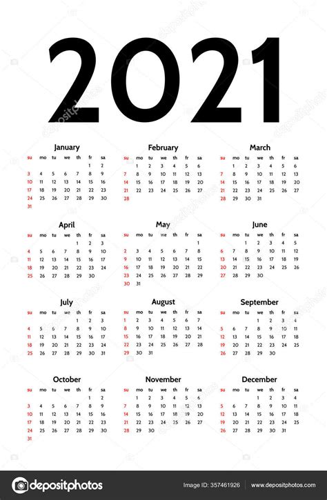 Calendario Para 2021 Aislado Sobre Fondo Blanco — Vector De Stock