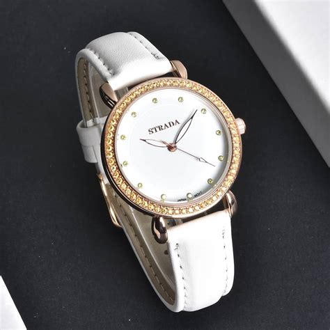 Buy Strada Simulated Yellow Diamond Japanese Movement Watch In Rosetone With White Faux Leather