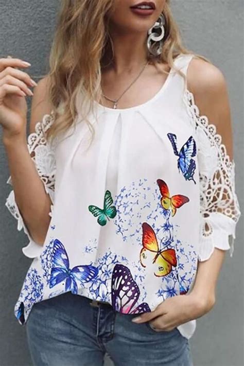 Cold Shoulder Butterfly Print Paneled Lace Elegant Blouse Insnova
