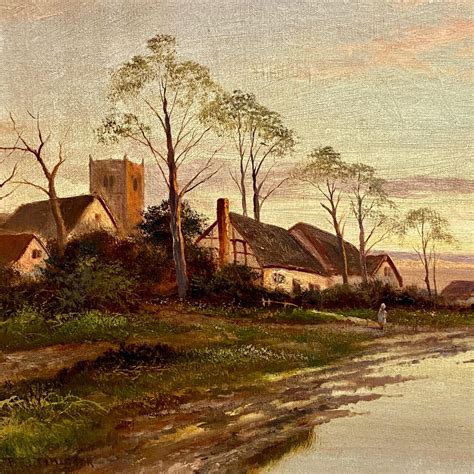 19th Century Oil On Canvas Painting Of A Village By A River Paintings