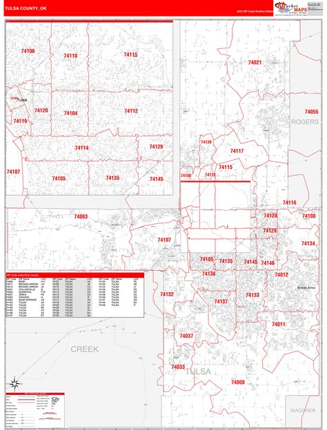 Tulsa County Ok Zip Code Wall Map Red Line Style By