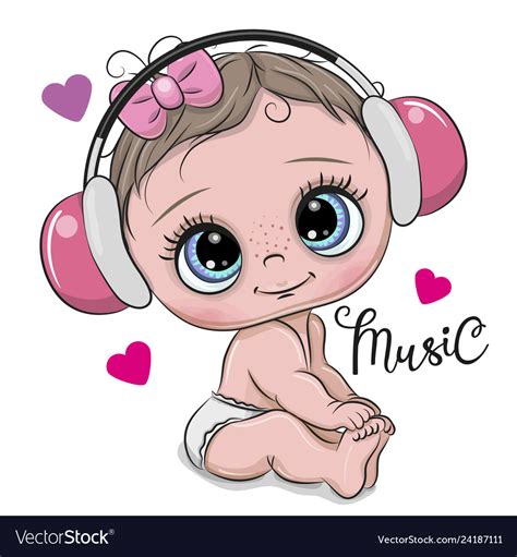Cute Cartoon Baby Girl With Headphones On A White Vector Image