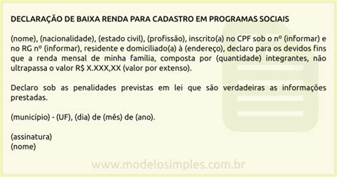 Modelo De Declaração De Baixa Renda Para Cadastro Em Programas Sociais