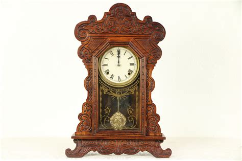 Victorian 1900 Antique Press Carved Oak Shelf Or Mantel Clock