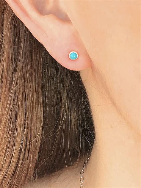 Turquoise Blue Round Stud Earrings Sterling Silver 4mm Tiny Etsy