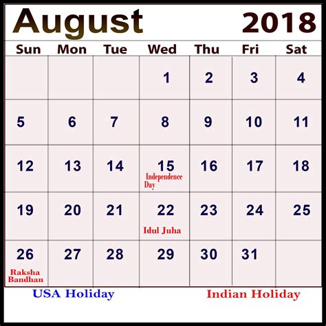 2018 August Printable Calendar Holidays Free Blank Holiday Calendar