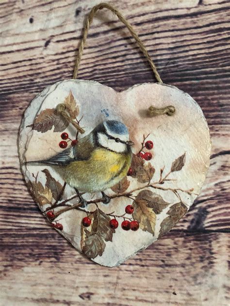 Robin Slate Heart Plaque Robin And Berries Wall Hanging Etsy