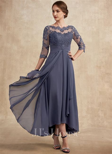 A Line Scoop Illusion Asymmetrical Chiffon Lace Mother Of The Bride