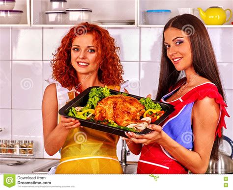 Girls Together Hold Tray Of Fried Chicken At Kitchen Stock Image Image Of Barbecue Chicken