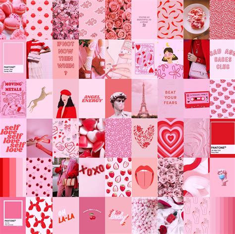 Photo Wall Collage Kit Light Pink And Red Aesthetic Set Of 70 Etsy