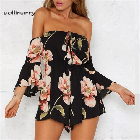 Sollinarry Off Shoulder Flare Sleeve Sexy Party Women Playsuit Short Jumpsuit Romper Black