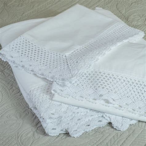 New handmade floral embroidery and crochet lace standard pillow cases. White Lace Edged Vintage French Country Oxford Pillow Case
