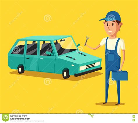 Car Repair Funny Mechanic Vector Cartoon Illustration Stock Vector