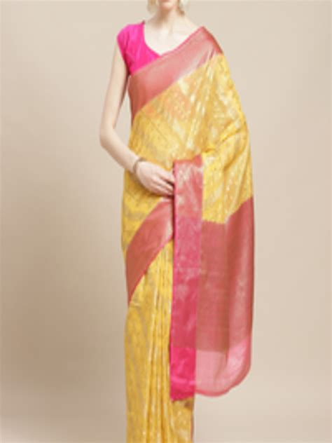 Buy Banarasi Silk Works Yellow And Golden Jacquard Motif Banarasi Saree