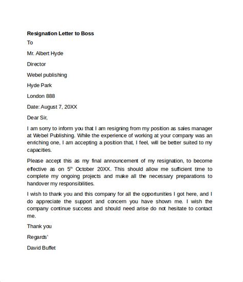 Resignation Letter To Boss