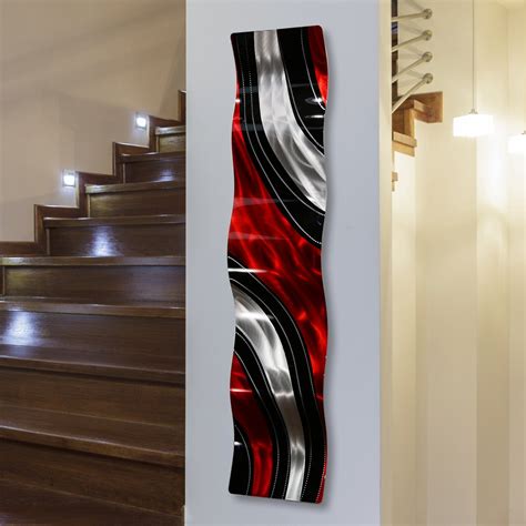 Red Black And Silver Modern Metal Wall Art Striped Abstract