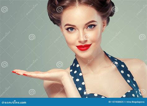 Pin Up Woman Portrait Beautiful Retro Female Polka Dot Dress Red Lips Manicure Nails Old Fashion